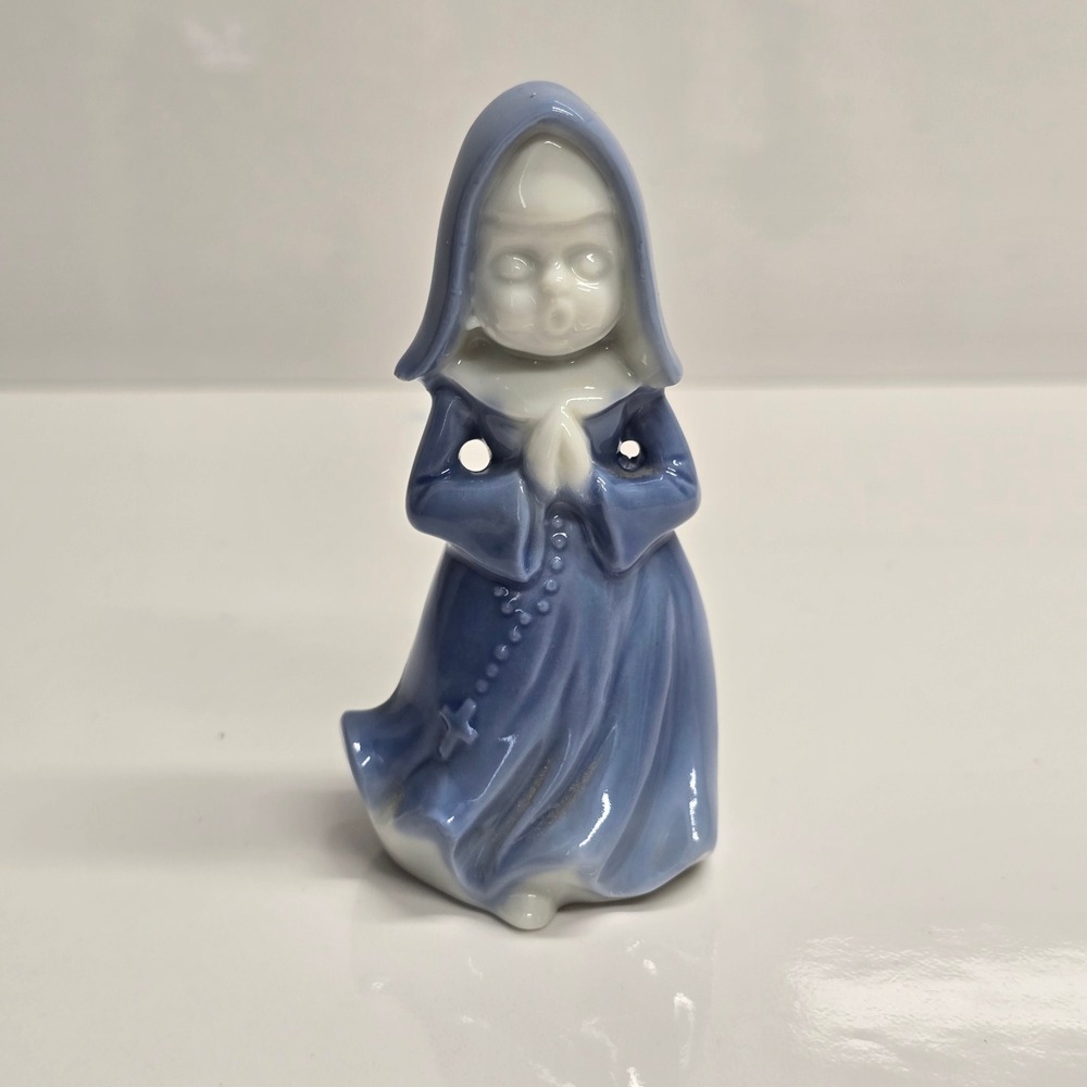 Praying Nun Figurine Blue White Porcelain Rosary Religious Devotional Decor